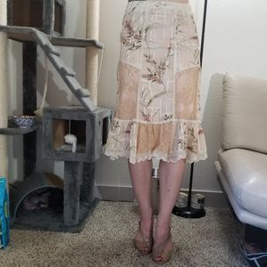 Peachy Pink Lace Floral Patchwork Midi Skirt